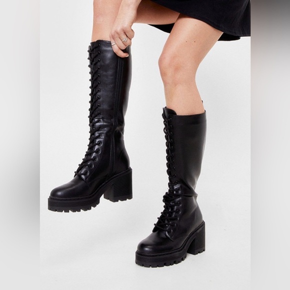 Nasty Gal Black Lace-Up Chunky Knee-High Boots - Picture 3 of 10